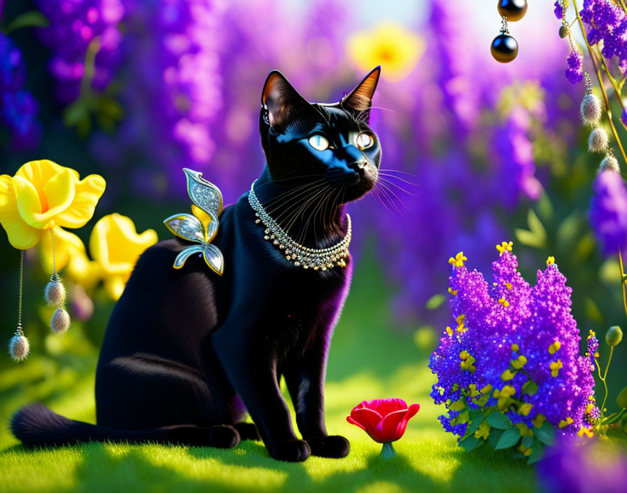 Black Cat with Blue Eyes, Pearl Jewelry, Butterfly Wings, Surrounded by Flowers