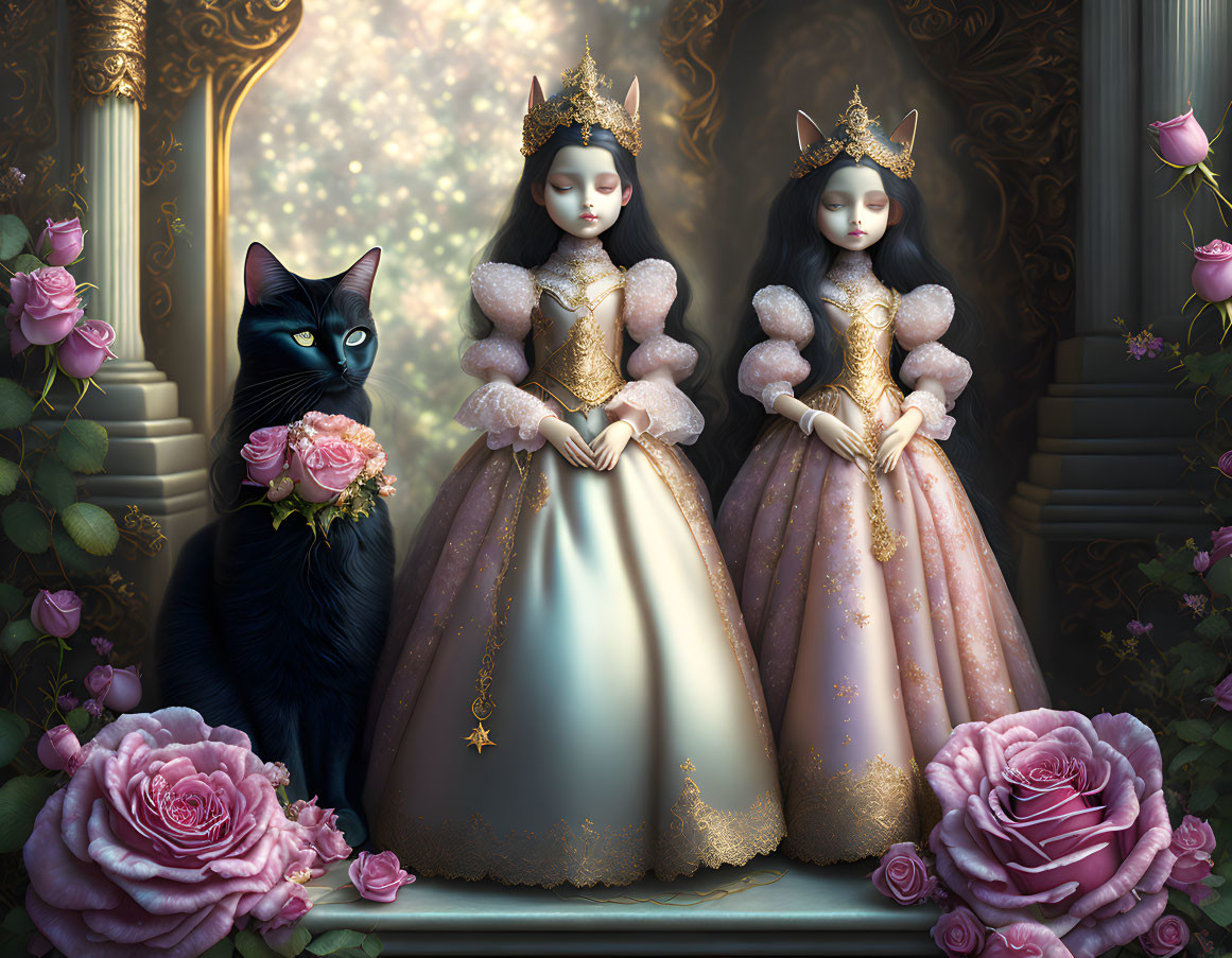 Identical dolls in regal attire with black cat and roses on golden background