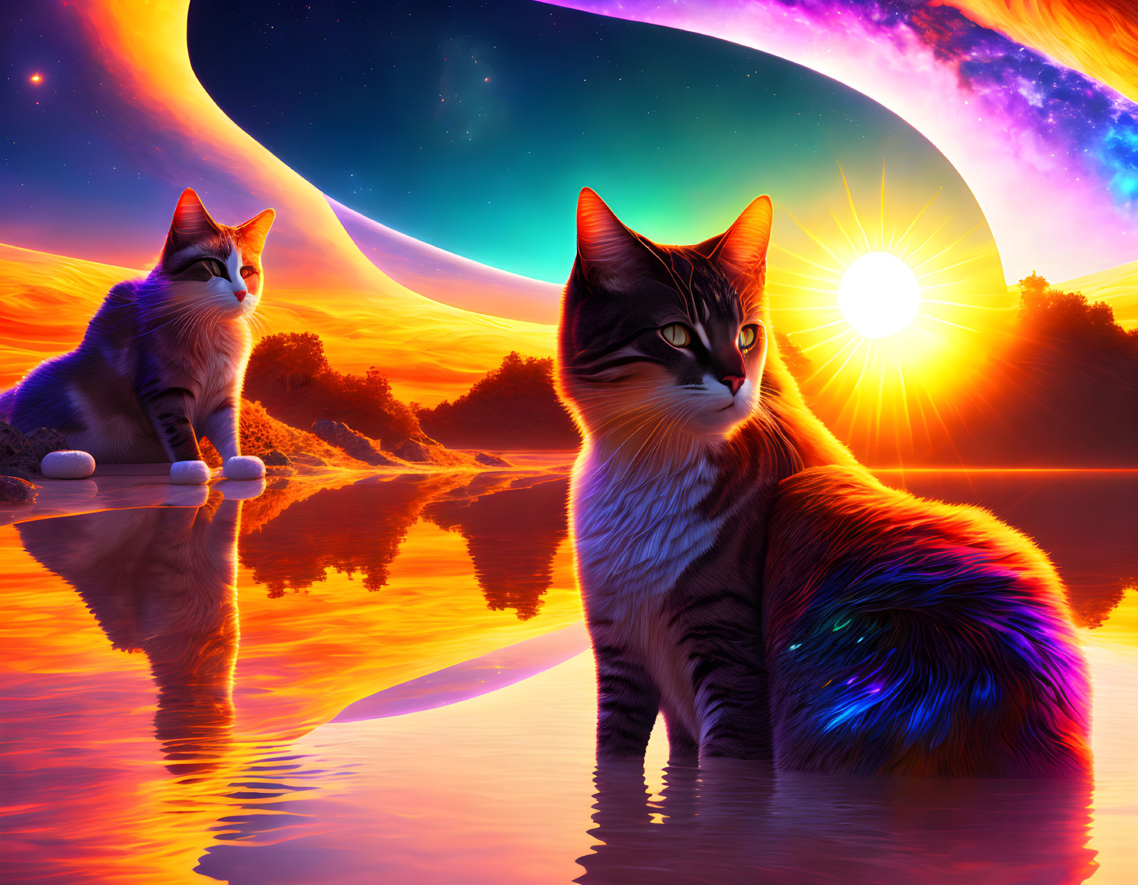 Two Cats Near Reflective Water Surface at Vibrant Sunset