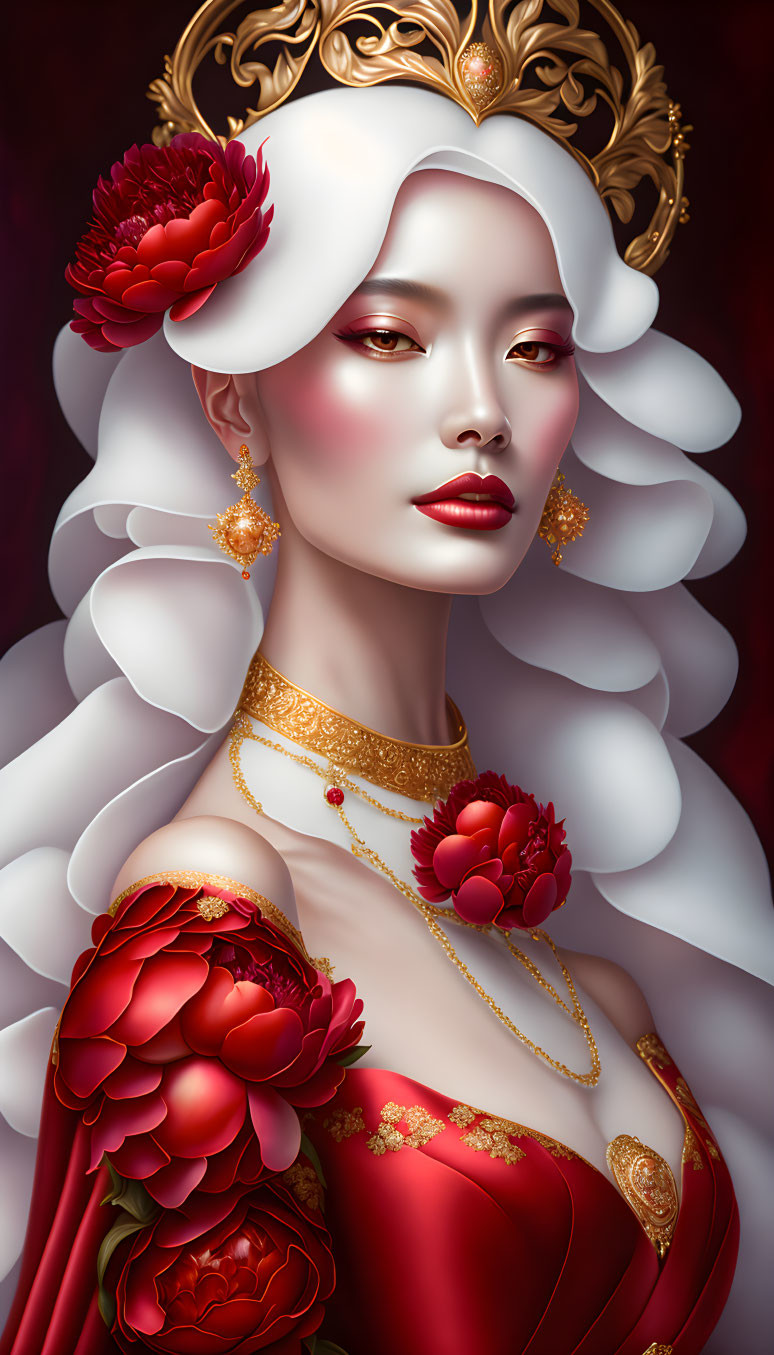 Stylized portrait of woman with white hair and elegant red & gold dress