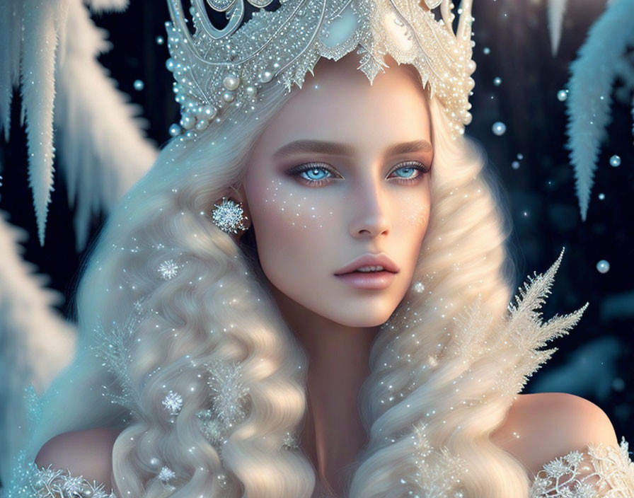 Digital artwork of a winter queen with ornate crown and sparkling blue eyes.