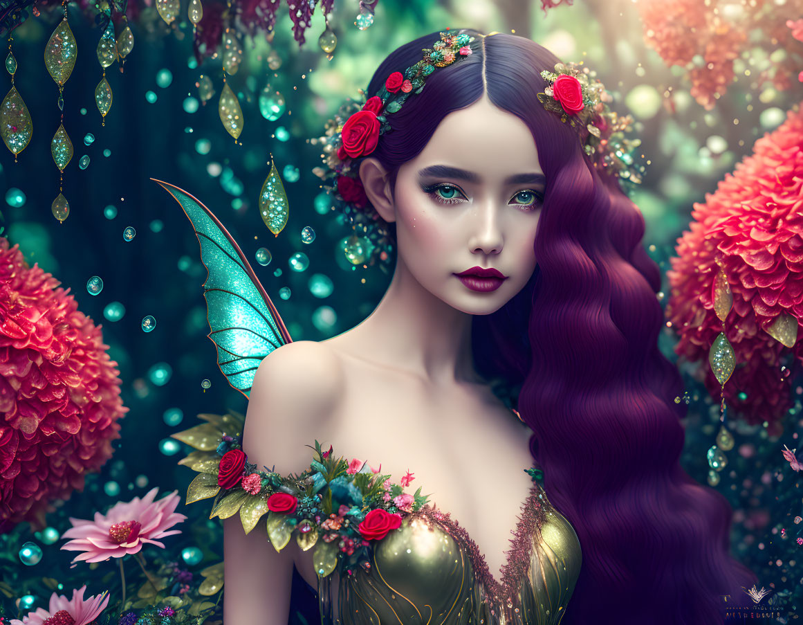 Ethereal female fairy with red hair, translucent wings, floral garland, surrounded by red flowers