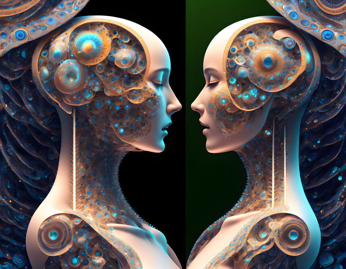 Symmetrical Female Profile Digital Artwork with Steampunk Elements