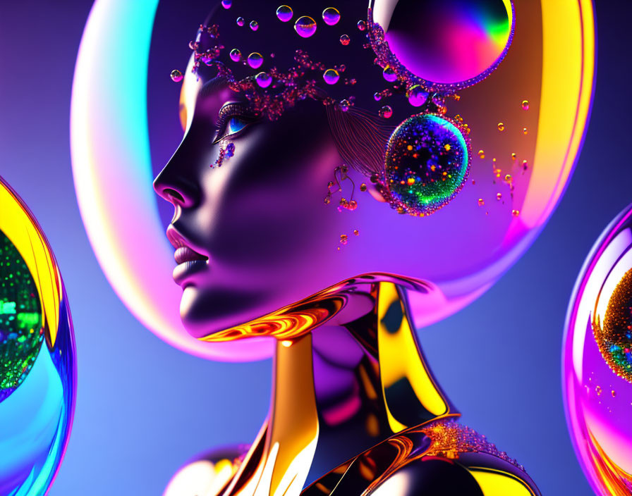 Colorful digital artwork of metallic woman with liquid gold and bubbles