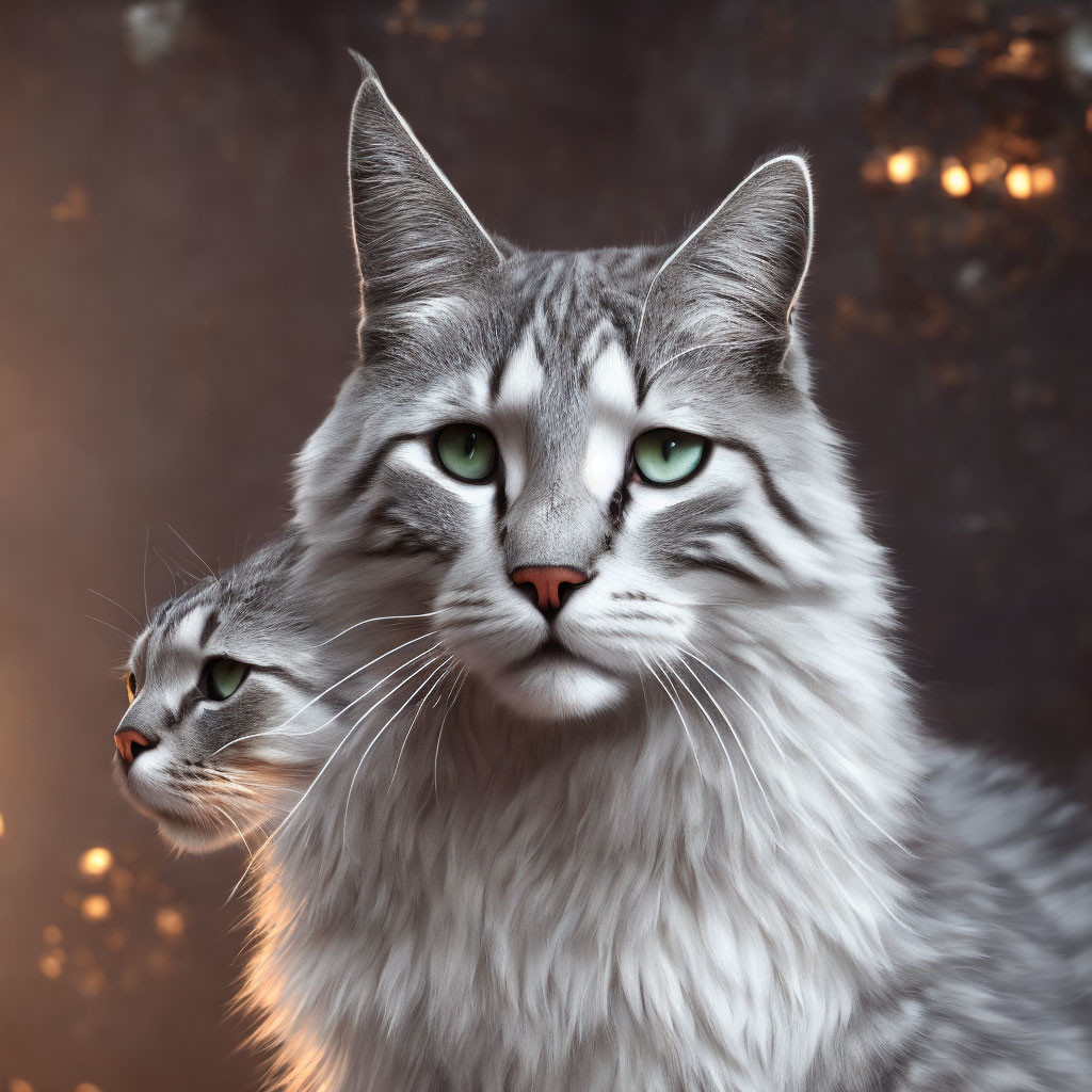 Majestic cats with fluffy fur and green eyes in serene pose