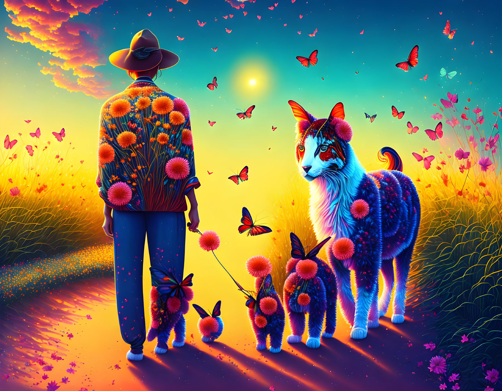 Colorful illustration: person, animals, and flowers in vibrant field under sunset sky