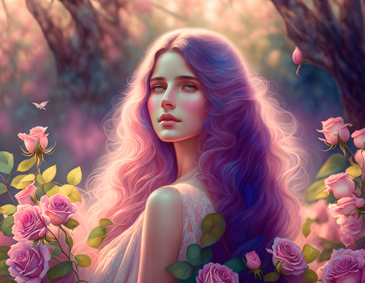 Illustrated woman with pink hair among roses in serene forest scene