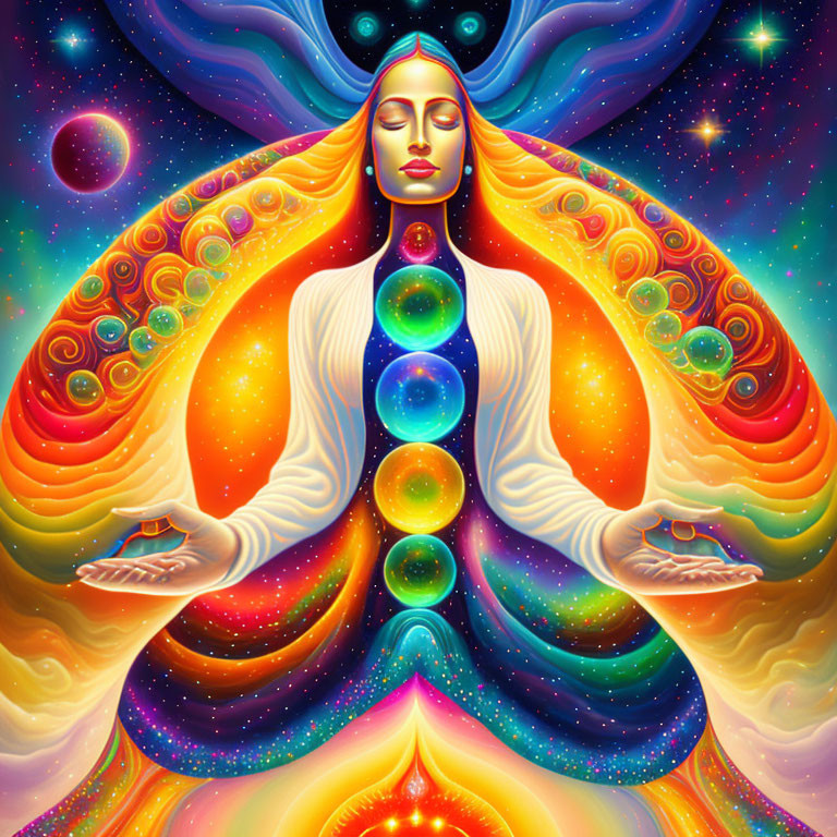 Colorful Psychedelic Illustration of Meditative Figure with Aligned Chakra Points