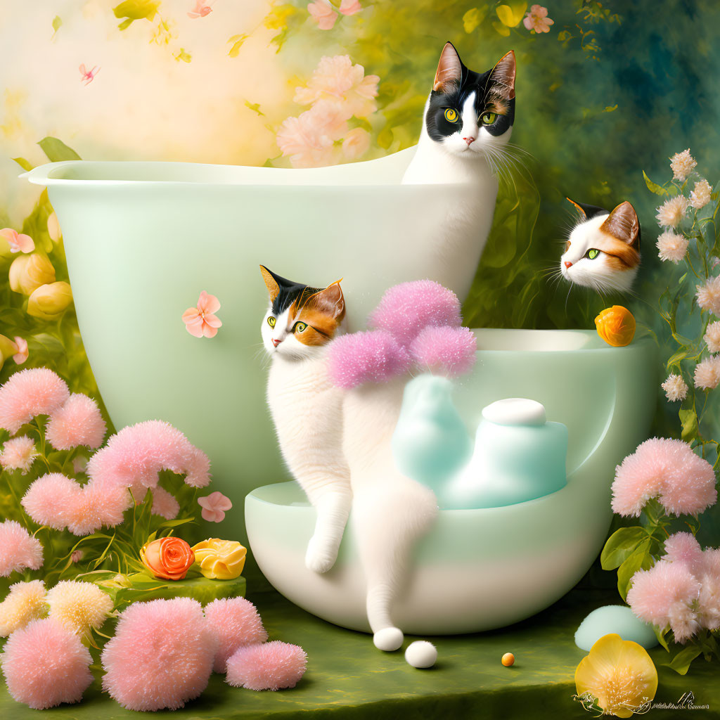 Whimsical cats with flowers and bath accessories in colorful scene