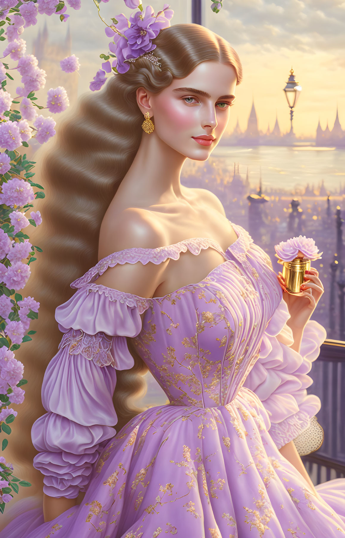 Woman in lilac ball gown on balcony overlooking sunset-lit castle holding golden cup