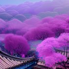 Cherry Blossom Rooftops with Mountain Background