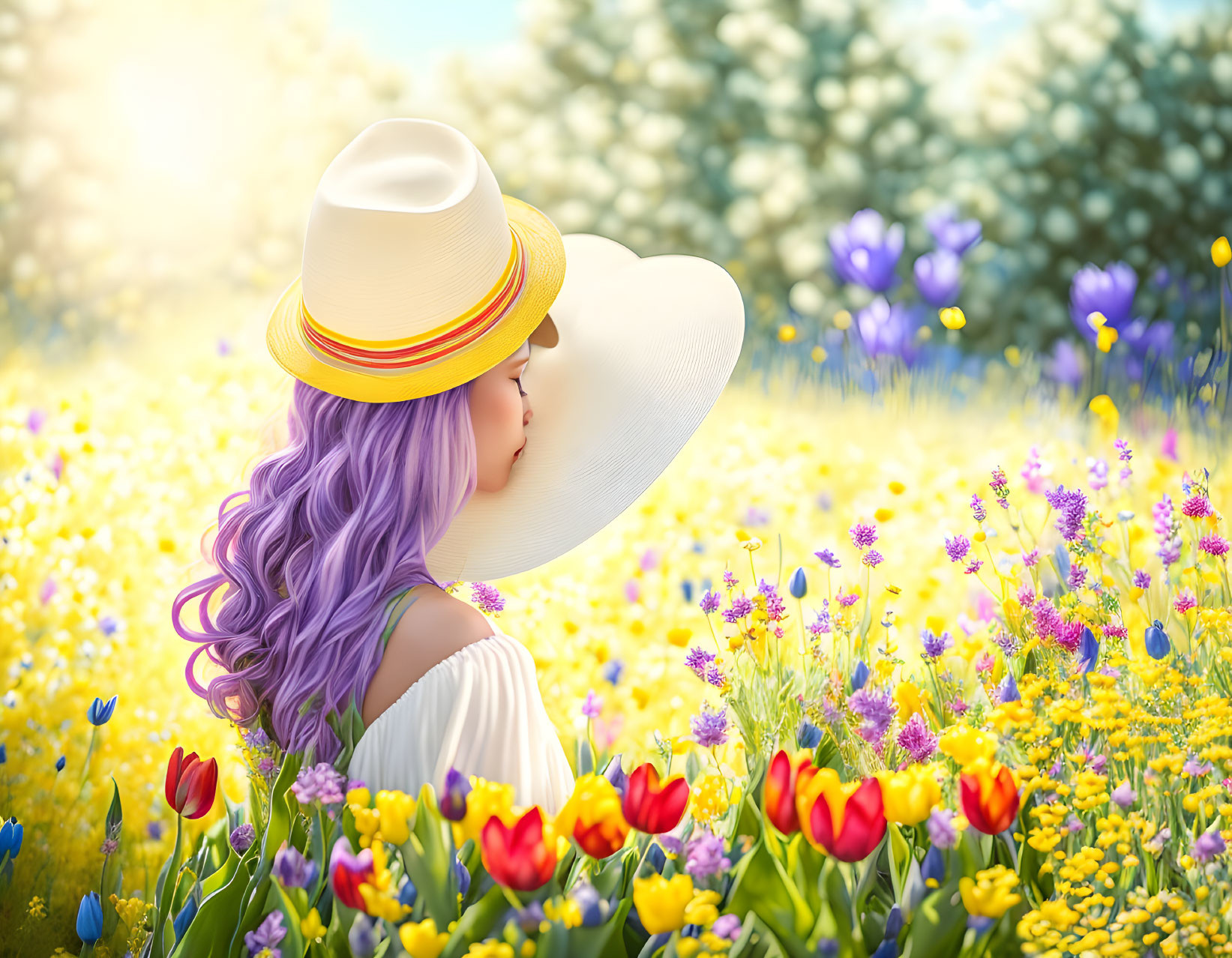 Woman with Purple Hair and White Hat Surrounded by Colorful Flowers in Sunlit Meadow