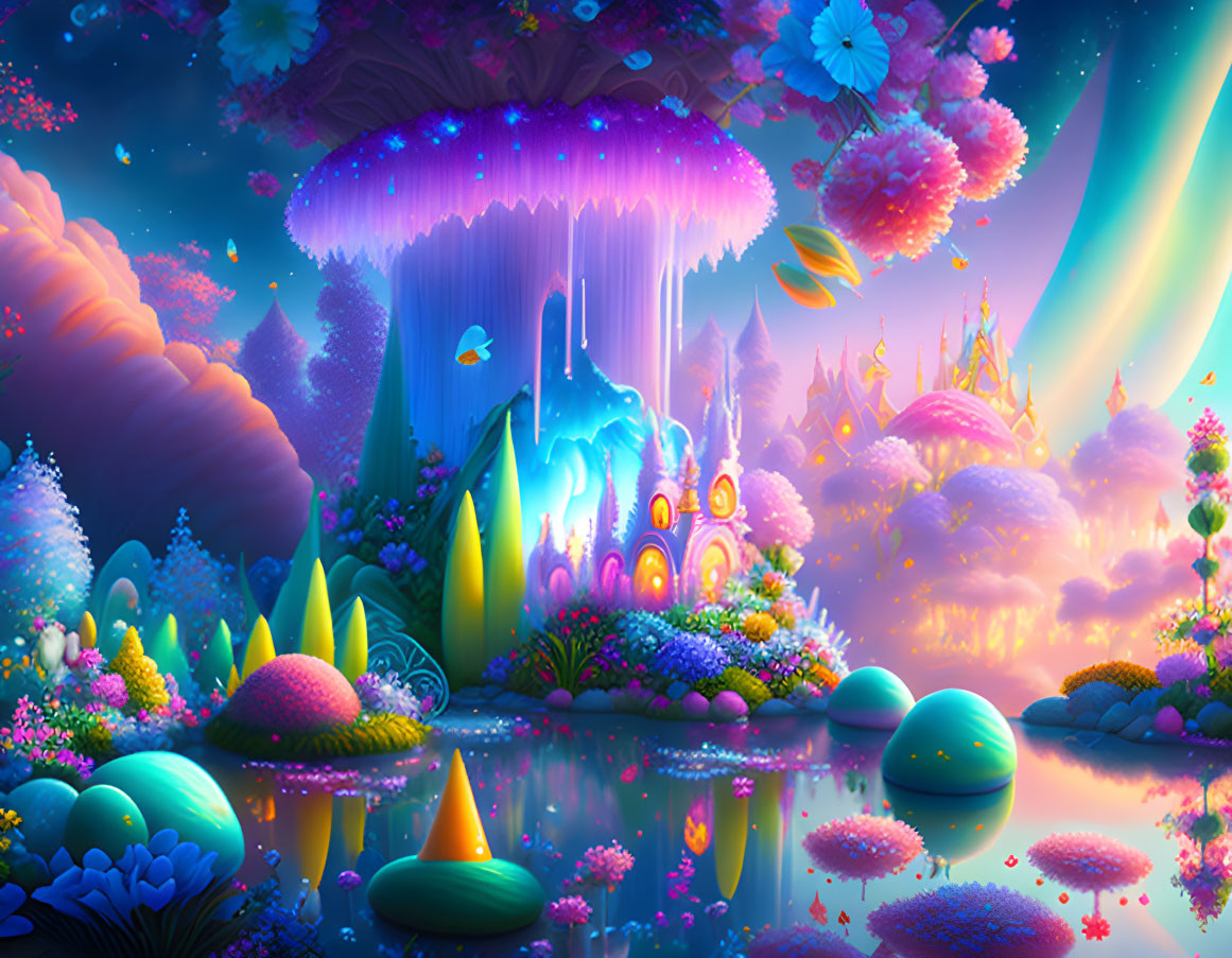 Colorful Fantasy Landscape with Glowing Plants, Reflective Lake, and Whimsical Castle