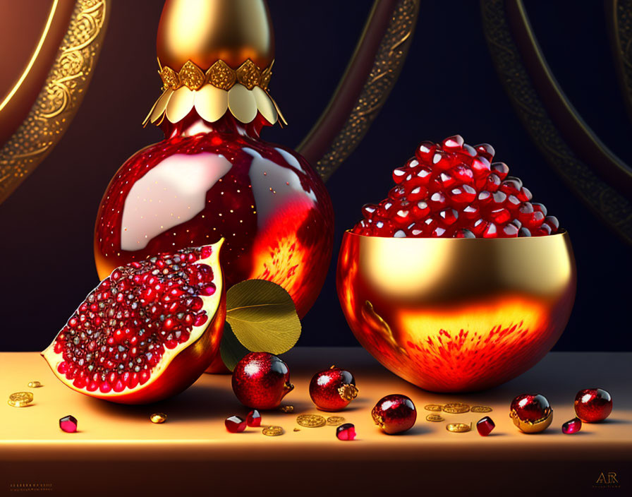 Opulent still life with pomegranates, baubles, and gold bowl on table