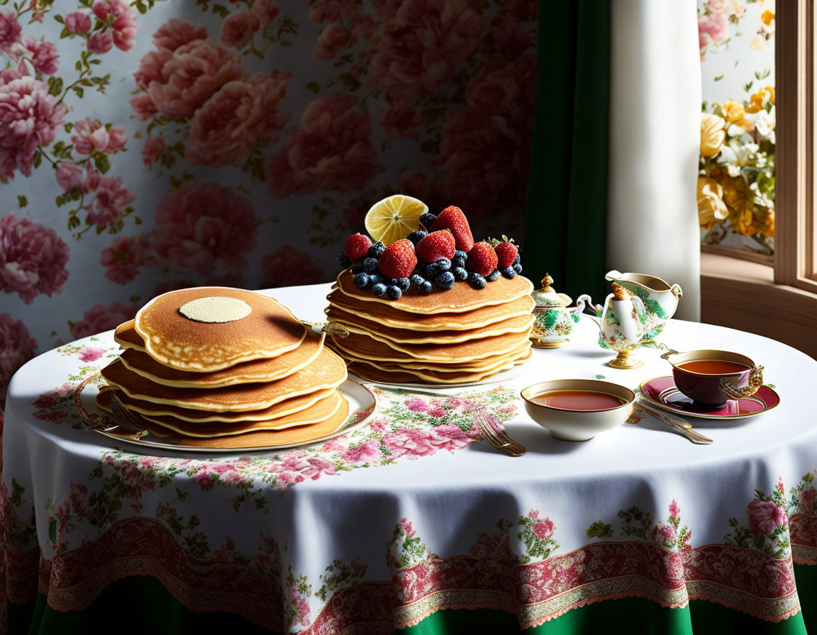 Pancakes with Berries, Lemon, Syrup, and Tea on Floral Tablecloth