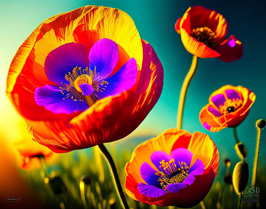 Colorful Poppy Flowers on Gradient Background