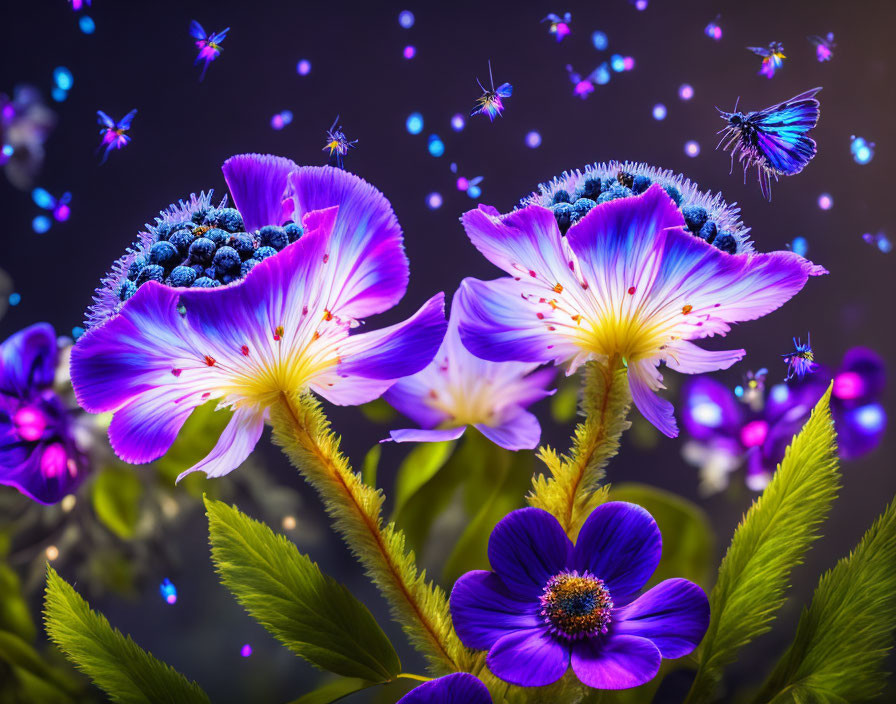 Colorful Purple Flowers and Butterflies on Dark Background