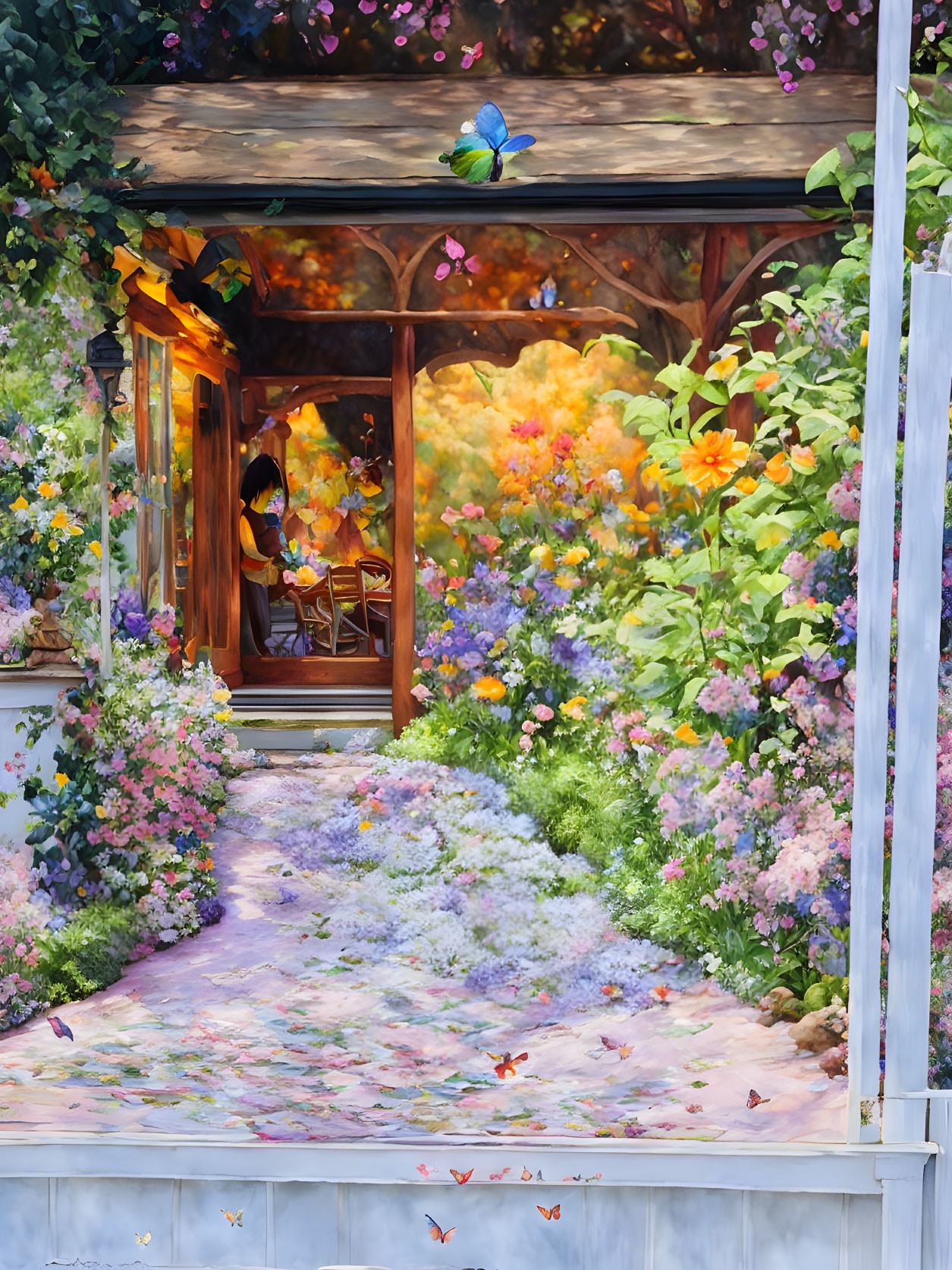 Tranquil garden scene with person reading under gazebo surrounded by flowers and butterflies