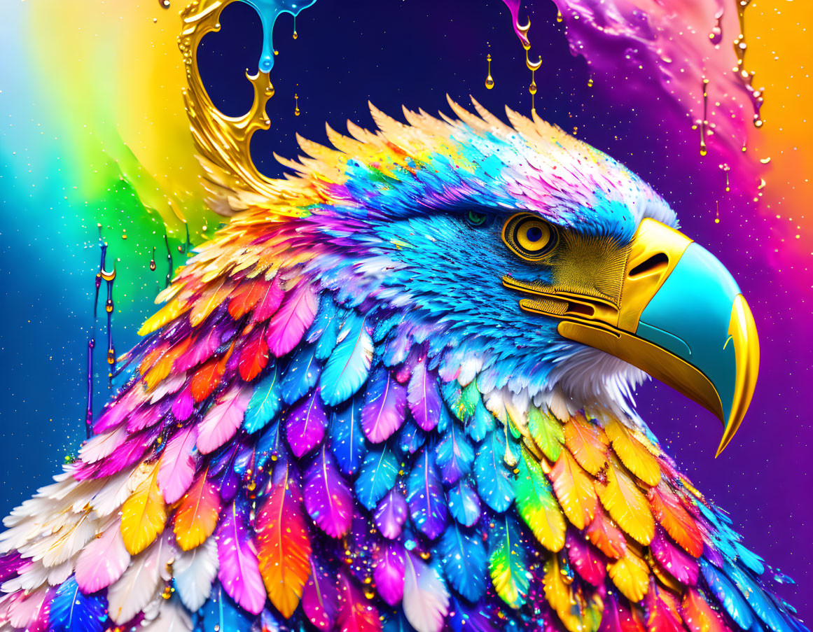 Colorful Eagle Illustration with Rainbow Plumage and Golden Beak