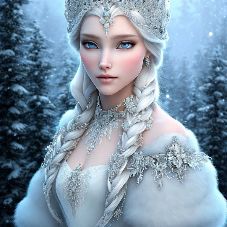 Digital illustration of woman with braided hair, jeweled crown, fur-lined gown in snowy forest