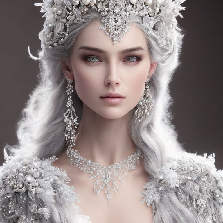 Silver-white haired person with ornate headpiece and striking blue eyes