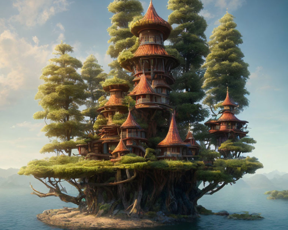 Fantasy treehouse with multiple wooden towers on isolated landmass