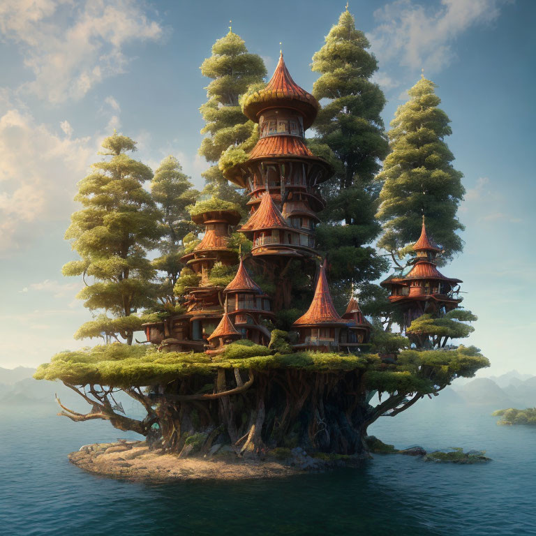 Fantasy treehouse with multiple wooden towers on isolated landmass