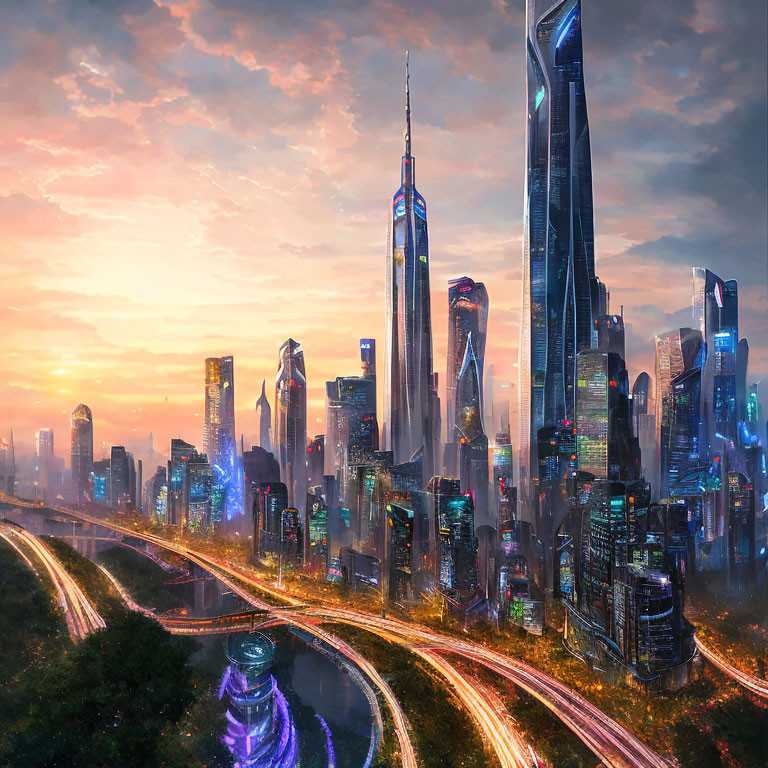 Futuristic cityscape with radiant skyscrapers and luminous roadway