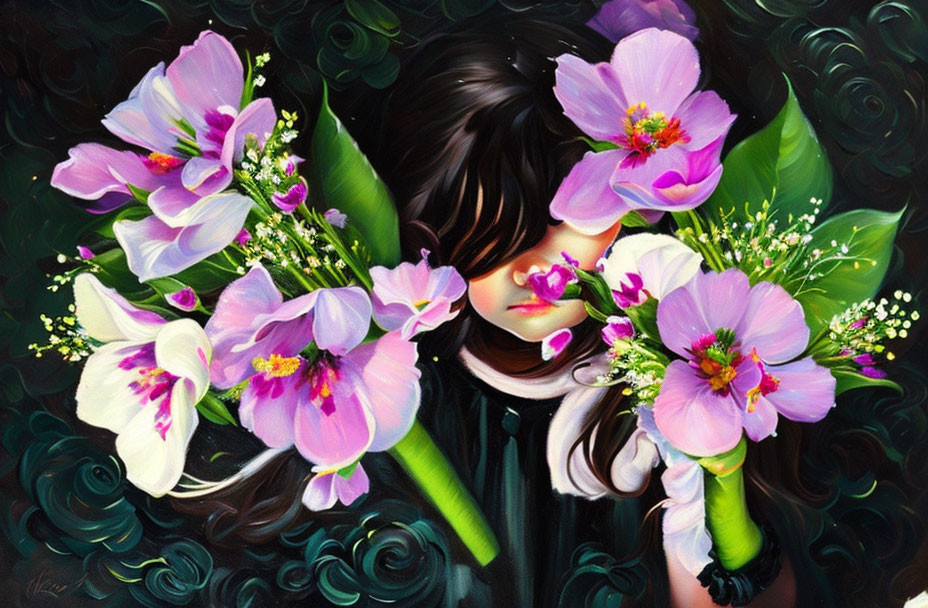 Girl surrounded by vibrant pink flowers, dark hair, contemplative expression