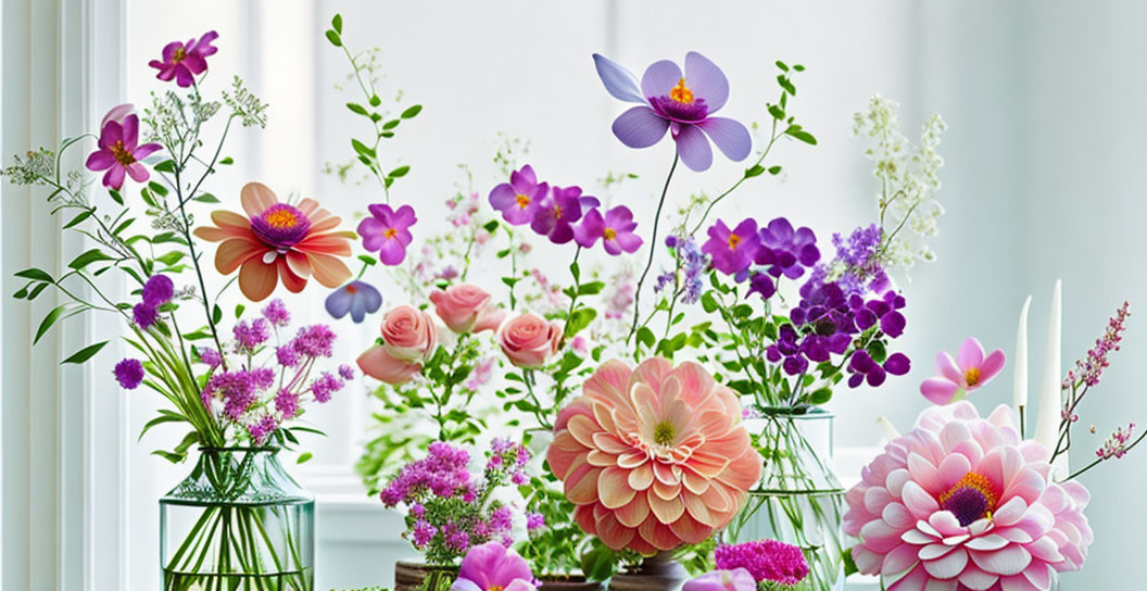 Colorful Pink, Purple, and Orange Floral Arrangement in Glass Vases