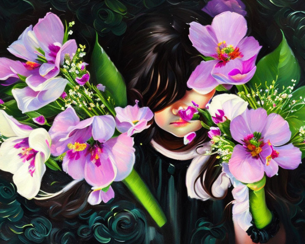 Girl surrounded by vibrant pink flowers, dark hair, contemplative expression