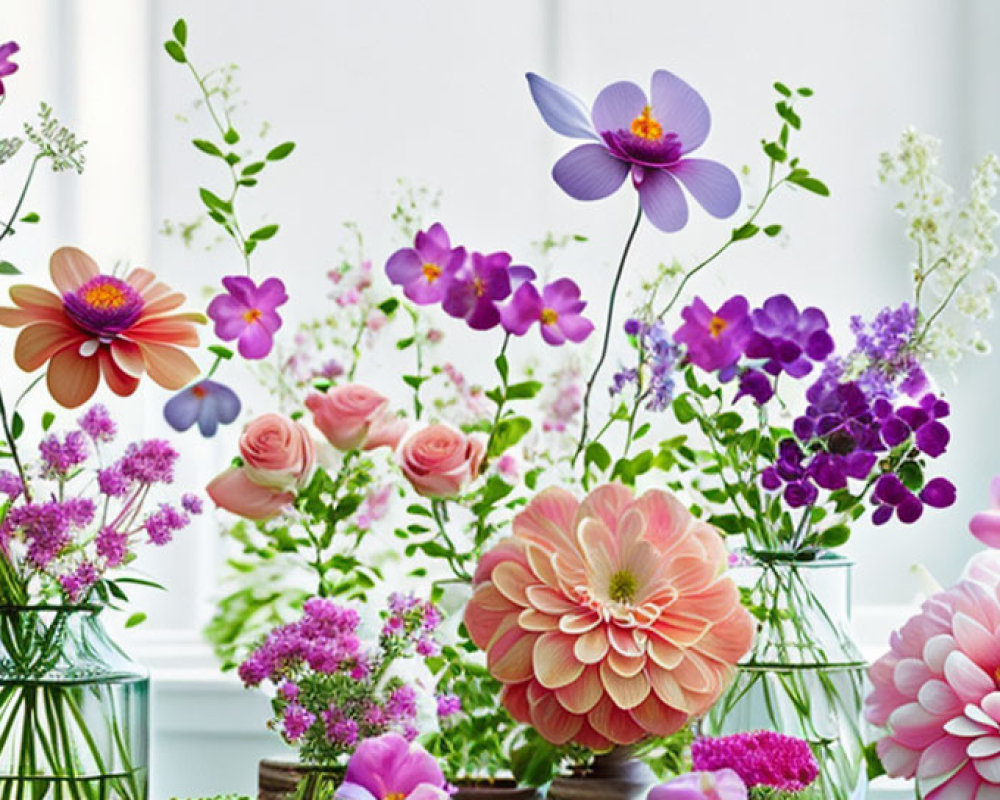 Colorful Pink, Purple, and Orange Floral Arrangement in Glass Vases