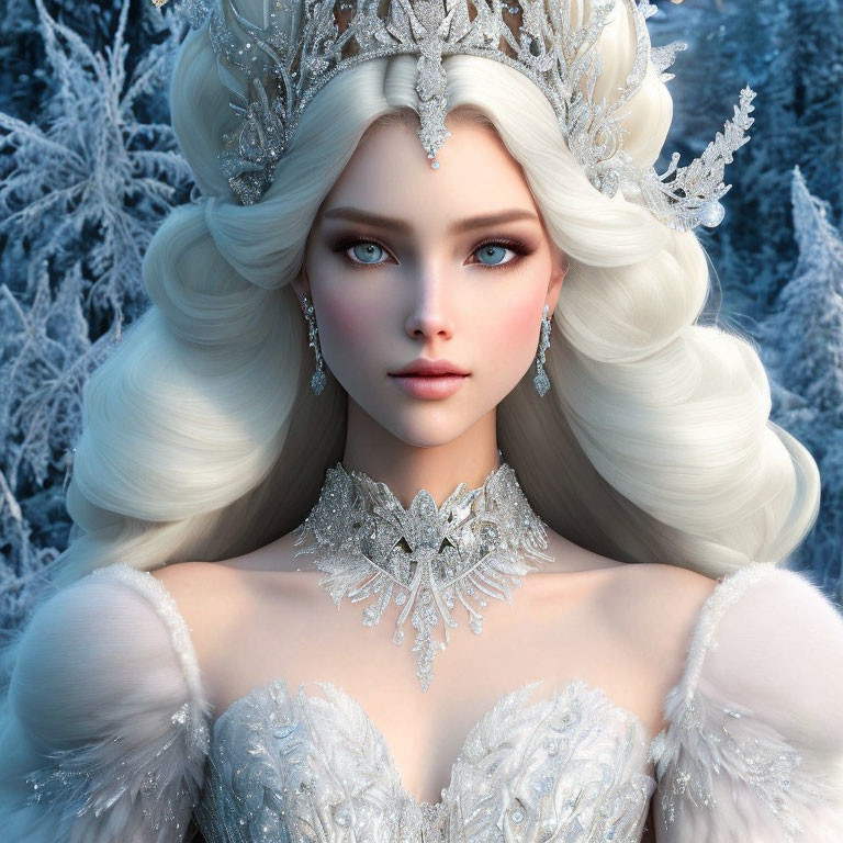 Animated Winter Queen with Blue Eyes and White Hair in Frosty Crown and Gown