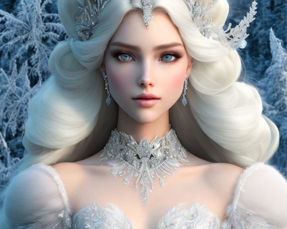 Animated Winter Queen with Blue Eyes and White Hair in Frosty Crown and Gown