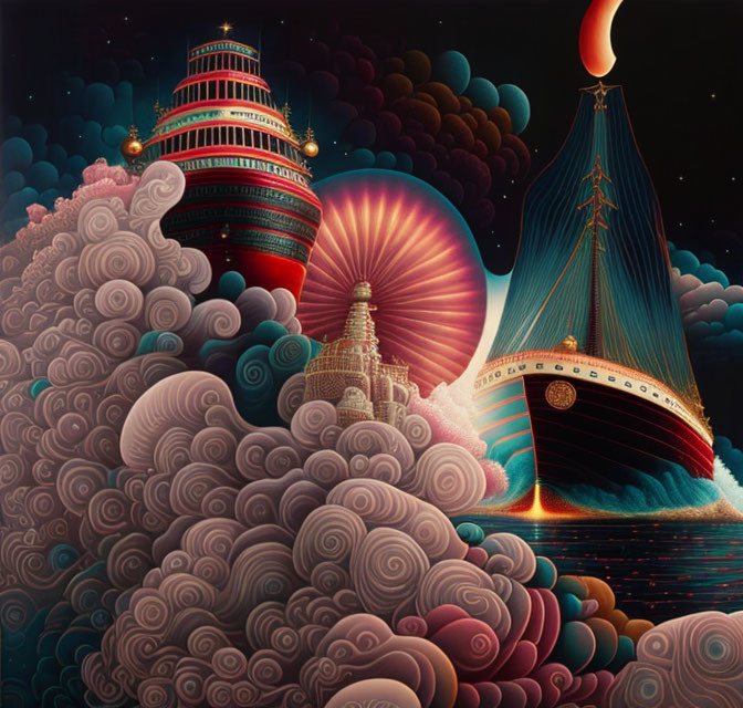 Fantasy illustration of ship, pagoda, and cosmic backdrop