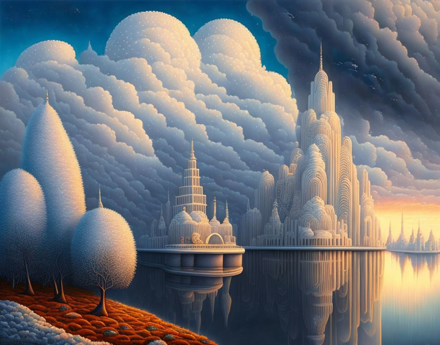 Surreal landscape with calm lake and futuristic cityscape at twilight