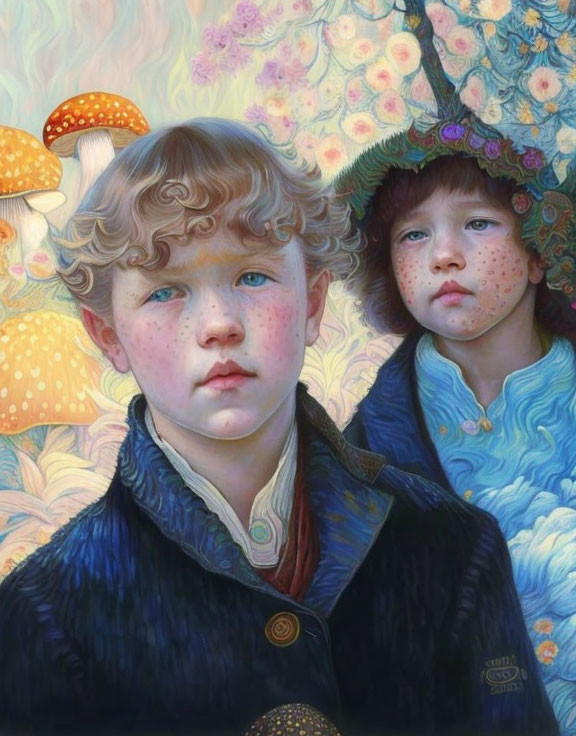 Two children in vintage attire with rosy cheeks and freckles amidst a whimsical mushroom and flower