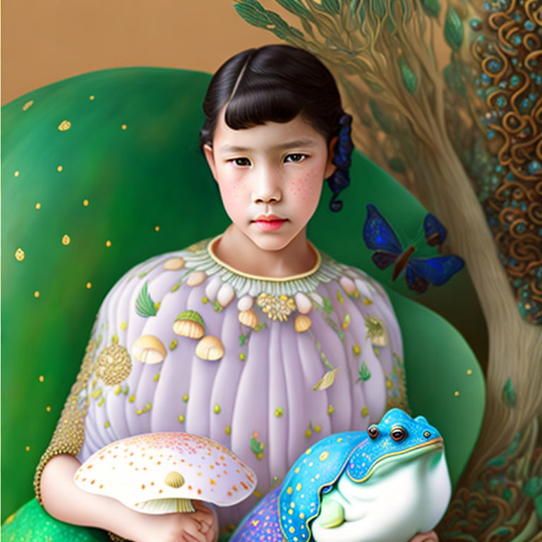 Digital illustration: Young girl in purple seashell dress with frog, mushroom, peacock, and