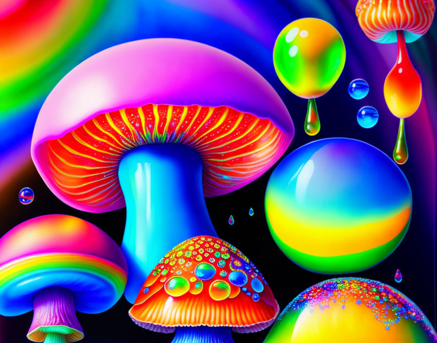 Colorful Psychedelic Mushrooms on Rainbow Background