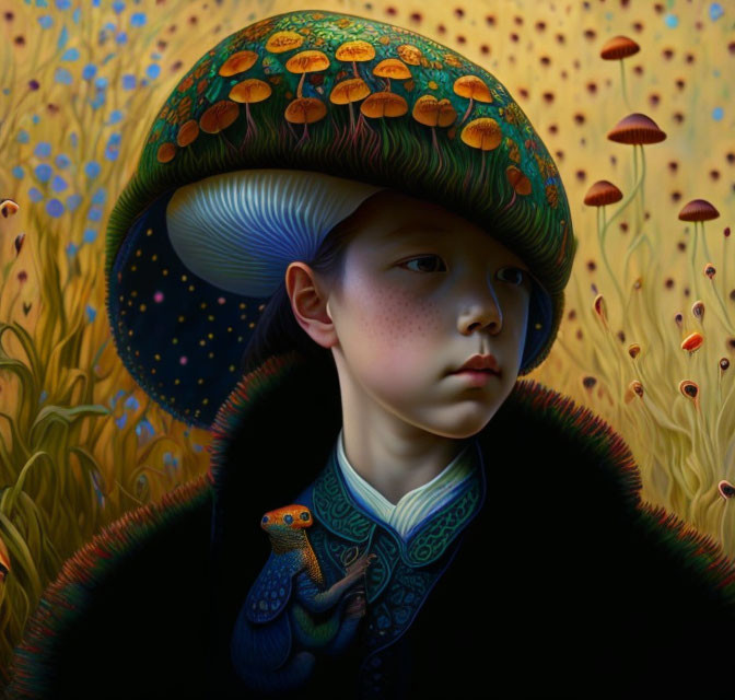 Child portrait with surreal mushroom cap hat in whimsical landscape