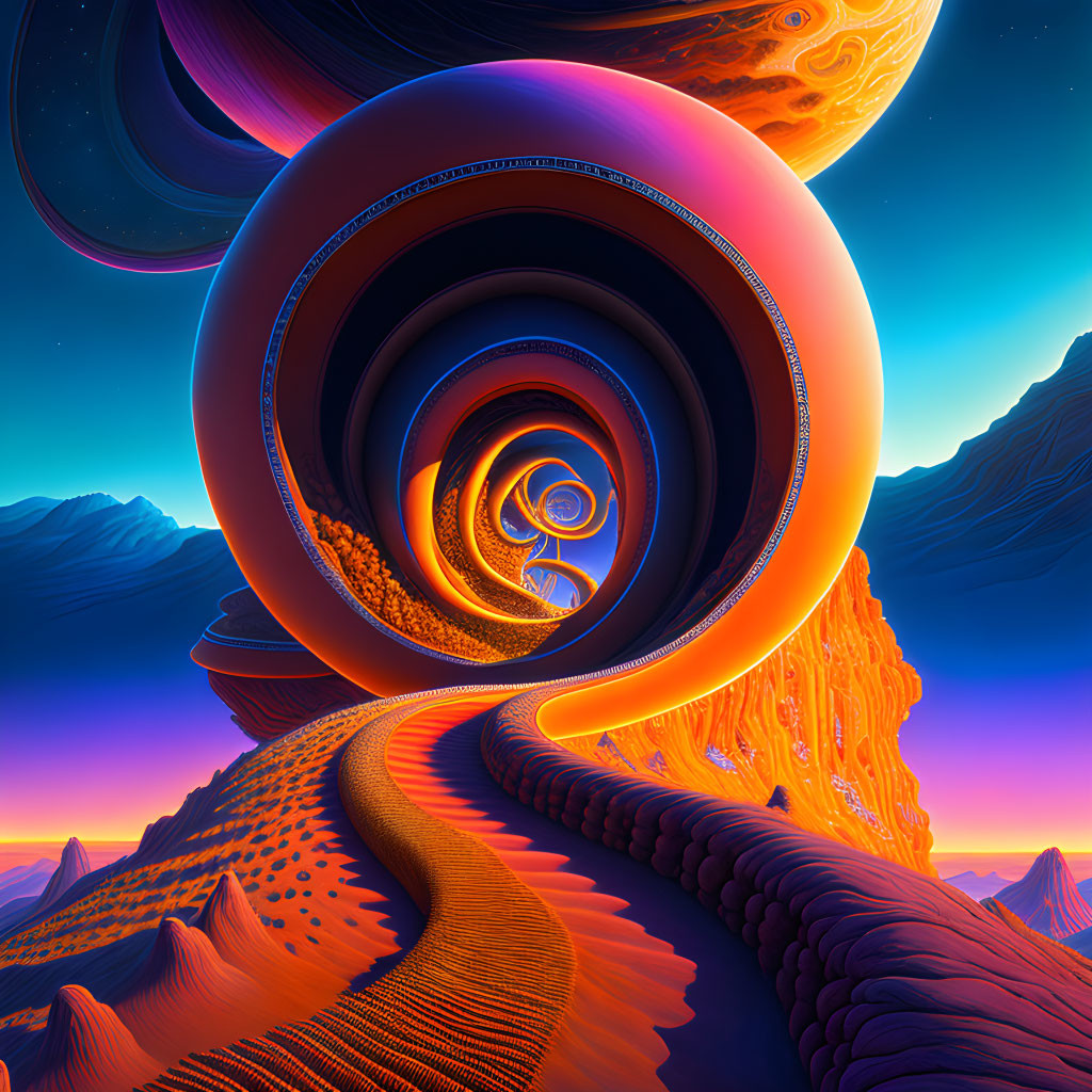 Vibrant fractal landscape with spiraling pathway and planets in orange and blue