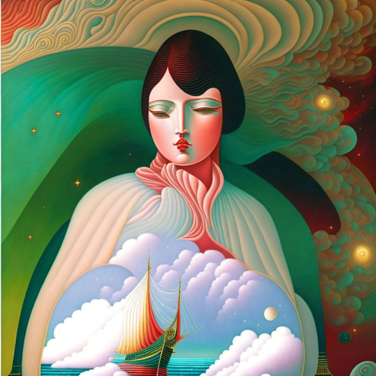 Surreal portrait of woman merging with nautical scene