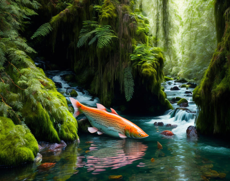 Vibrant Orange Fish in Serene Stream with Moss-Covered Rocks