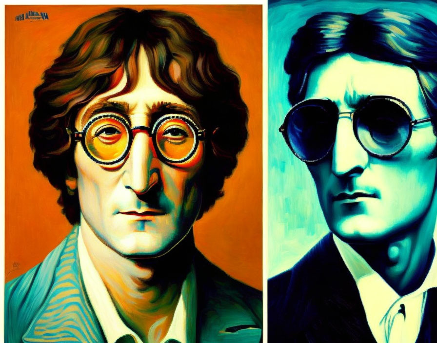 Vibrant dual portraits of a man with different glasses styles