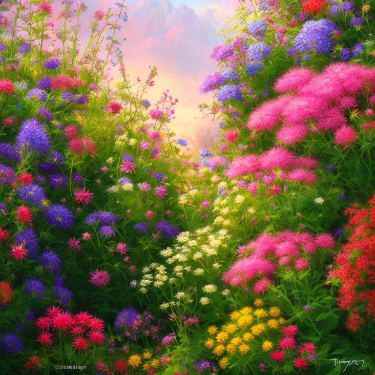 Colorful Flower Garden with Mountain Background in Pink, Purple, Blue, and Yellow Hues