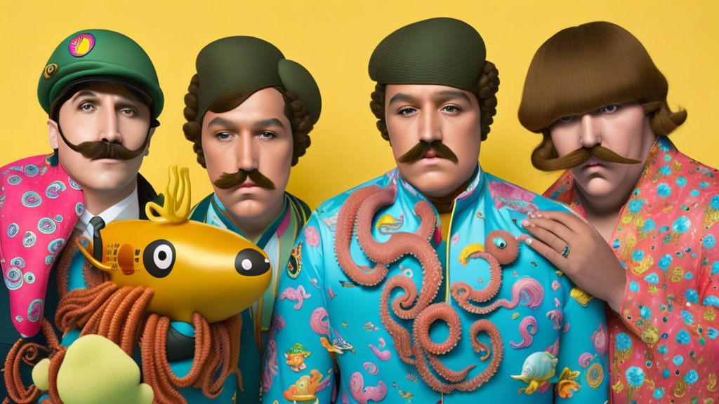 Colorful 60s-style suits with marine life prints on four animated characters with exaggerated mustaches posing