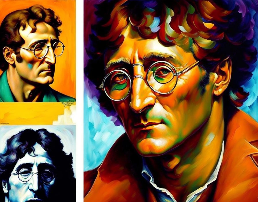 Vibrant artwork featuring man with round glasses and unkempt hair