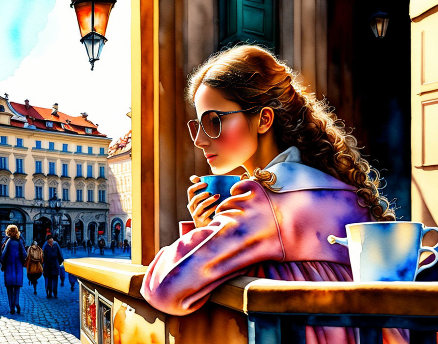 Stylized illustration of woman with sunglasses and curly hair on balcony overlooking busy street