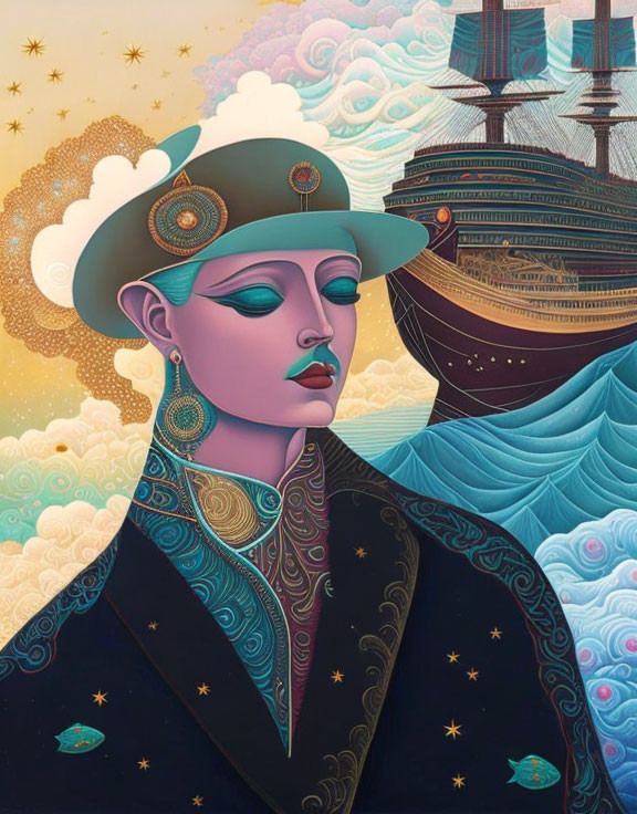 Stylized woman with wide-brimmed hat and sailing ship in starry sky