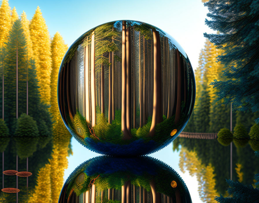 Crystal ball reflecting forest, bridge, and trees on reflective surface